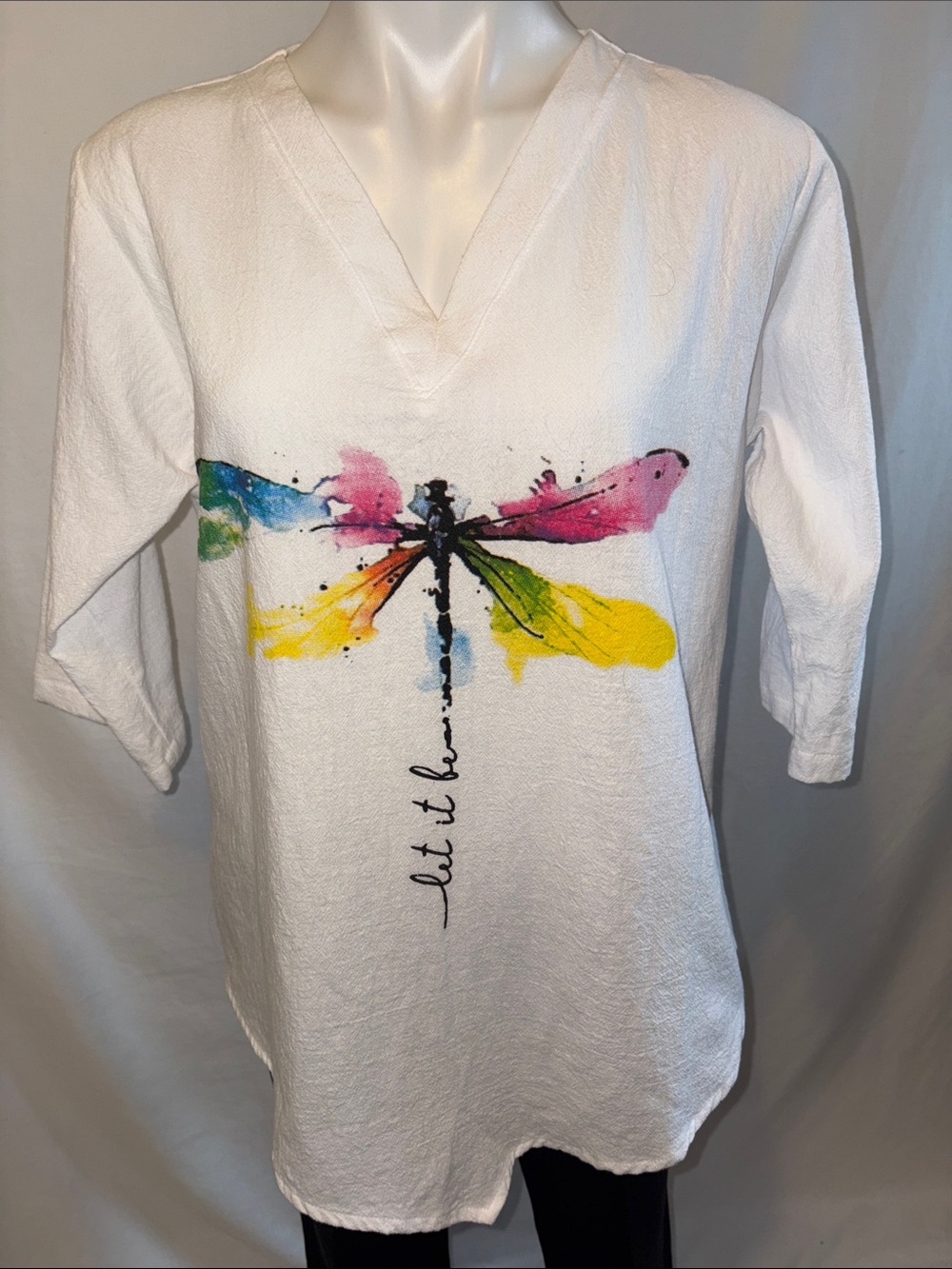 Cotton Made Casual White V-Neck Dragonfly Print Blouse - Multicolor Accent